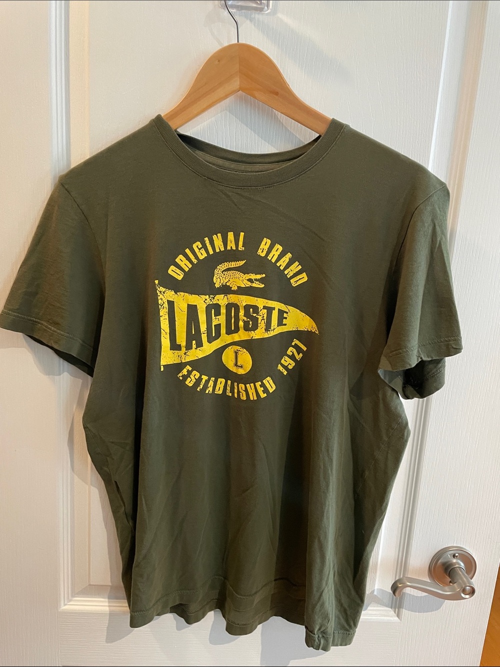 Lacoste Olive Green Short-Sleeve Tee with Yellow Graphic Logo